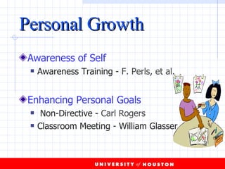Personal Growth Awareness of Self Awareness Training -  F. Perls, et al.  Enhancing Personal Goals Non-Directive -  Carl Rogers Classroom Meeting - William Glasser 
