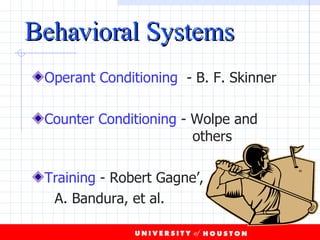 Behavioral Systems Operant Conditioning   - B. F. Skinner Counter Conditioning   -   Wolpe and  others Training   -   Robert Gagne’,  A. Bandura, et al. 