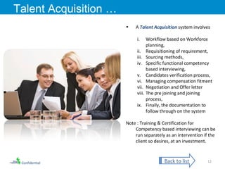 Confidential Talent Acquisition … A  Talent Acquisition  system involves Workflow based on Workforce planning, Requisitioning of requirement,  Sourcing methods, Specific functional competency based interviewing, Candidates verification process, Managing compensation fitment Negotiation and Offer letter The pre joining and joining process, Finally, the documentation to follow through on the system Note : Training & Certification for Competency based interviewing can be run separately as an intervention if the client so desires, at an investment. Back to list 