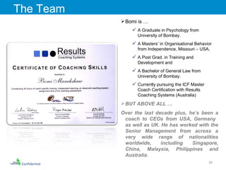 Confidential The Team Bomi is … A Graduate in Psychology from University of Bombay. A Masters’ in Organisational Behavior from Independence, Missouri – USA,  A Post Grad. in Training and Development and  A Bachelor of General Law from University of Bombay. Currently pursuing the ICF Master Coach Certification with Results Coaching Systems (Australia) BUT ABOVE ALL … Over the last decade plus, h e’s been a coach to CEOs from USA, Germany  as well as UK. He has worked with the Senior Management from across a very wide range of nationalities worldwide, including Singapore, China, Malaysia, Philippines and Australia.  