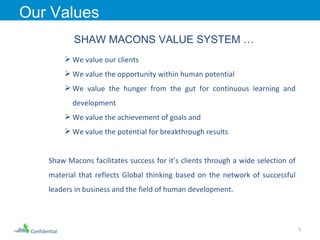 Confidential Our Values SHAW MACONS VALUE SYSTEM … We value our clients  We value the opportunity within human potential We value the hunger from the gut for continuous learning and development We value the achievement of goals and  We value the potential for breakthrough results Shaw Macons facilitates success for it’s clients through a wide selection of material that reflects Global thinking based on the network of successful leaders in business and the field of human development. 