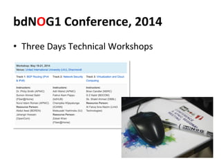 bdNOG1	
  Conference,	
  2014	
  
•  Three	
  Days	
  Technical	
  Workshops	
  
 