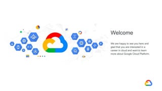 Welcome
We are happy to see you here and
glad that you are interested in a
career in cloud and want to learn
more about Google Cloud Platform.
 