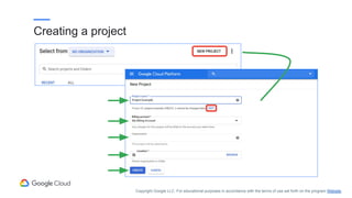 Creating a project
Copyright Google LLC. For educational purposes in accordance with the terms of use set forth on the program Website.
 