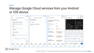 Manage Google Cloud services from your Android
or iOS device
Copyright Google LLC. For educational purposes in accordance with the terms of use set forth on the program Website.
 