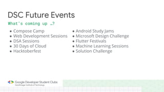 DSC Future Events
What’s coming up …?
● Compose Camp
● Web Development Sessions
● DSA Sessions
● 30 Days of Cloud
● Hacktoberfest
● Android Study Jams
● Microsoft Design Challenge
● Flutter Festivals
● Machine Learning Sessions
● Solution Challenge
 