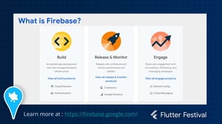 What is Firebase?
Learn more at : https://firebase.google.com/
 