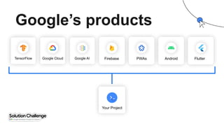 Google AI Firebase Android Flutter
PWAs
Your Project
TensorFlow Google Cloud
Google’s products
 