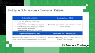 Prototype Submissions - Evaluation Criteria
Technical Merit (40%) User Experience (10%)
➔ Is your code well-written, efficient, and
maintainable?
➔ Can your solution be scaled for wider adoption?
➔ How effectively and creatively did you integrate
Google developer technologies?
Suggested tools: Gemini APIs, GCP and IDX
Ease of Use - Is your solution simple to navigate, accessible
and user-friendly?
Alignment With Cause (25%) Innovation and Creativity (25%)
Relevance to the Problem - Does your solution effectively
tackle a key social issue within the theme of the hackathon?
Innovation and Creativity - Does your solution offer unique
ideas and a fresh approach?
 