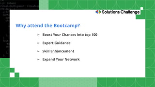 Why attend the Bootcamp?
➢ Boost Your Chances into top 100
➢ Expert Guidance
➢ Skill Enhancement
➢ Expand Your Network
 