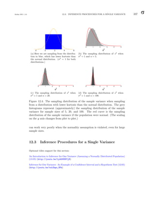 Balka ISE 1.10 12.3. INFERENCE PROCEDURES FOR A SINGLE VARIANCE 337
-2 0 2 4 6
(a) Here we are sampling from the distribu-
tion in blue, which has lower kurtosis than
the normal distribution. (σ2
= 1 for both
distributions.)
0 1 2 3 4 5
s2
(b) The sampling distribution of s2
when
σ2
= 1 and n = 5.
0 1 2 3 4 5
s2
(c) The sampling distribution of s2
when
σ2
= 1 and n = 20.
0 1 2 3 4 5
s2
(d) The sampling distribution of s2
when
σ2
= 1 and n = 100.
Figure 12.4: The sampling distribution of the sample variance when sampling
from a distribution with lower kurtosis than the normal distribution. The grey
histograms represent (approximately) the sampling distribution of the sample
variance for sample sizes of 5, 20, and 100. The red curve is the sampling
distribution of the sample variance if the population were normal. (The scaling
on the y axis changes from plot to plot.)
can work very poorly when the normality assumption is violated, even for large
sample sizes.
12.3 Inference Procedures for a Single Variance
Optional video support for this section:
An Introduction to Inference for One Variance (Assuming a Normally Distributed Population)
(13:35) (http://youtu.be/lyd4V8DFCjM)
Inference for One Variance: An Example of a Confidence Interval and a Hypothesis Test (12:05)
(http://youtu.be/tsLGbpu_NPk)
 