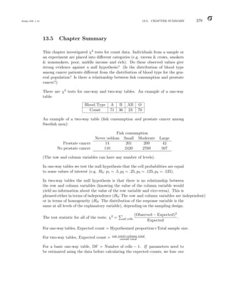 Balka ISE 1.10 13.5. CHAPTER SUMMARY 379
13.5 Chapter Summary
This chapter investigated χ2 tests for count data. Individuals from a sample or
an experiment are placed into different categories (e.g. ravens  crows, smokers
 nonsmokers, poor, middle income and rich). Do these observed values give
strong evidence against a null hypothesis? (Is the distribution of blood type
among cancer patients different from the distribution of blood type for the gen-
eral population? Is there a relationship between fish consumption and prostate
cancer?)
There are χ2 tests for one-way and two-way tables. An example of a one-way
table:
Blood Type A B AB O
Count 71 36 23 70
An example of a two-way table (fish consumption and prostate cancer among
Swedish men):
Fish consumption
Never/seldom Small Moderate Large
Prostate cancer 14 201 209 42
No prostate cancer 110 2420 2769 507
(The row and column variables can have any number of levels).
In one-way tables we test the null hypothesis that the cell probabilities are equal
to some values of interest (e.g. H0: p1 = .5, p2 = .25, p3 = .125, p4 = .125).
In two-way tables the null hypothesis is that there is no relationship between
the row and column variables (knowing the value of the column variable would
yield no information about the value of the row variable and vice-versa). This is
phrased either in terms of independence (H0: The row and column variables are independent)
or in terms of homogeneity (H0: The distribution of the response variable is the
same at all levels of the explanatory variable), depending on the sampling design.
The test statistic for all of the tests: χ2 =
P
all cells
(Observed − Expected)2
Expected
.
For one-way tables, Expected count = Hypothesized proportion×Total sample size.
For two-way tables, Expected count = row total×column total
overall total .
For a basic one-way table, DF = Number of cells − 1. If parameters need to
be estimated using the data before calculating the expected counts, we lose one
 