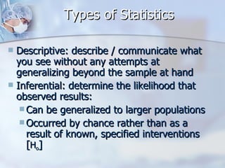 Types of Statistics  Descriptive: describe / communicate what you see without any attempts at generalizing beyond the sample at hand Inferential: determine the likelihood that observed results: Can be generalized to larger populations Occurred by chance rather than as a result of known, specified interventions [ H o ] 