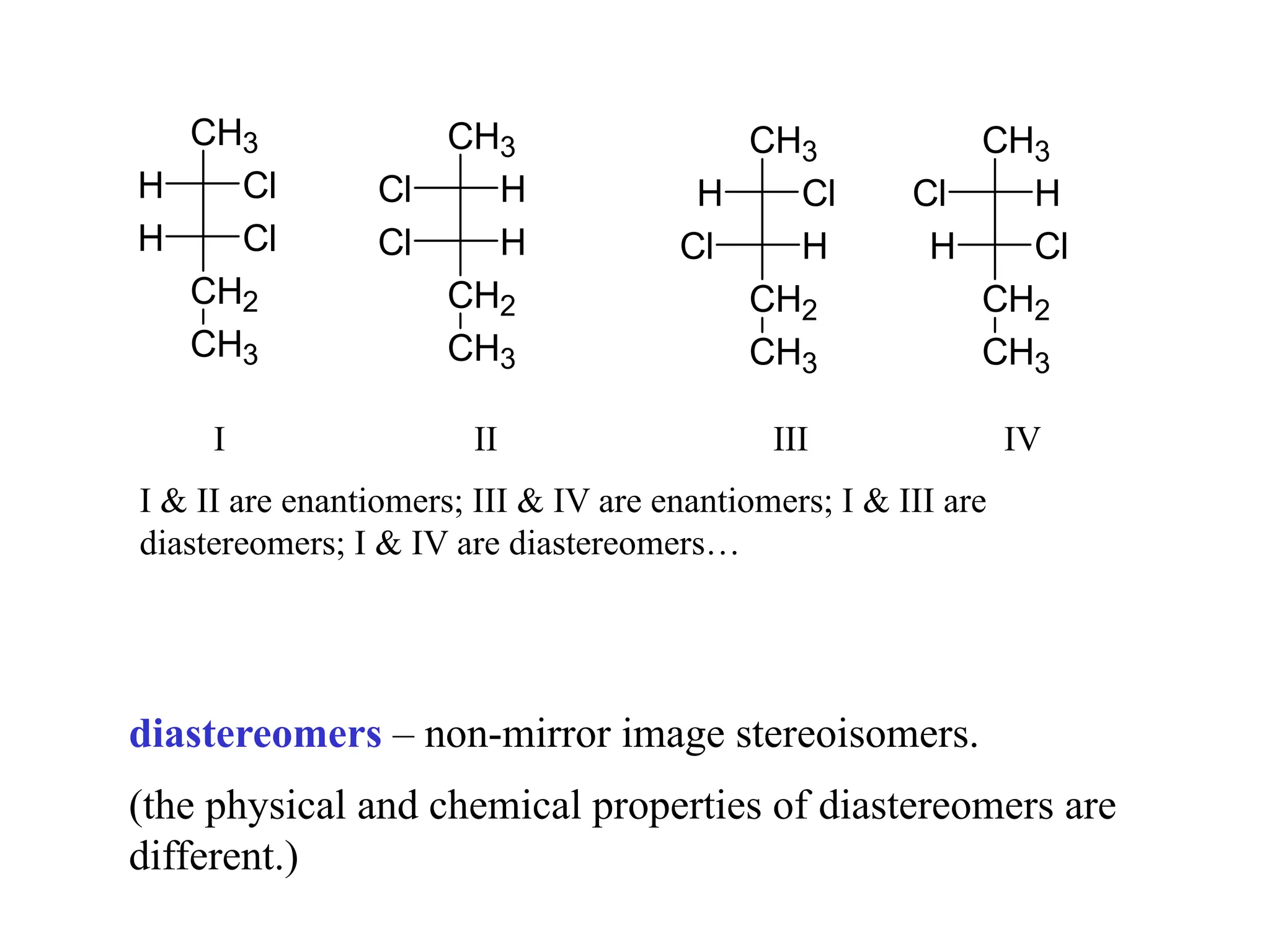 diastereomers – non-mirror image stereoisomers.
(the physical and chemical properties of diastereomers are
different.)
CH3
H Cl
CH2
H Cl
CH3
Cl H
CH2
Cl H
CH3
H Cl
CH2
Cl H
CH3
Cl H
CH2
H Cl
CH3 CH3 CH3 CH3
I II III IV
I & II are enantiomers; III & IV are enantiomers; I & III are
diastereomers; I & IV are diastereomers…
 