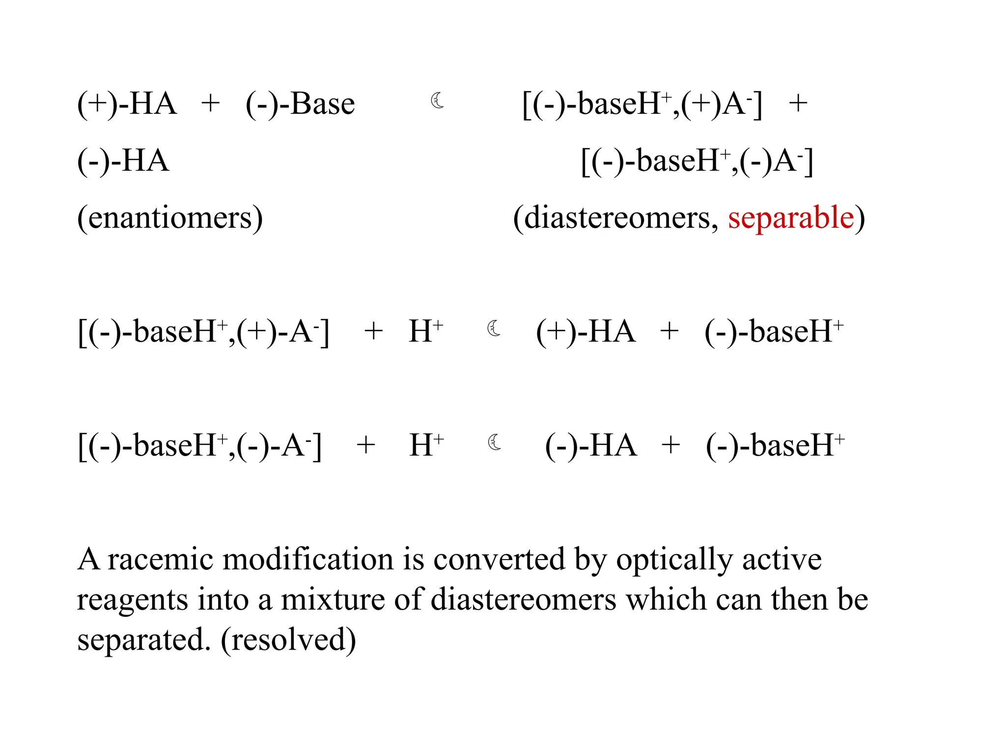 (+)-HA + (-)-Base  [(-)-baseH+
,(+)A-
] +
(-)-HA [(-)-baseH+
,(-)A-
]
(enantiomers) (diastereomers, separable)
[(-)-baseH+
,(+)-A-
] + H+
 (+)-HA + (-)-baseH+
[(-)-baseH+
,(-)-A-
] + H+
 (-)-HA + (-)-baseH+
A racemic modification is converted by optically active
reagents into a mixture of diastereomers which can then be
separated. (resolved)
 