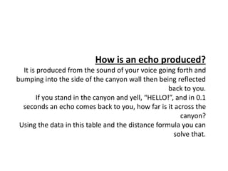 How is an echo produced?
It is produced from the sound of your voice going forth and
bumping into the side of the canyon wall then being reflected
back to you.
If you stand in the canyon and yell, “HELLO!”, and in 0.1
seconds an echo comes back to you, how far is it across the
canyon?
Using the data in this table and the distance formula you can
solve that.
 