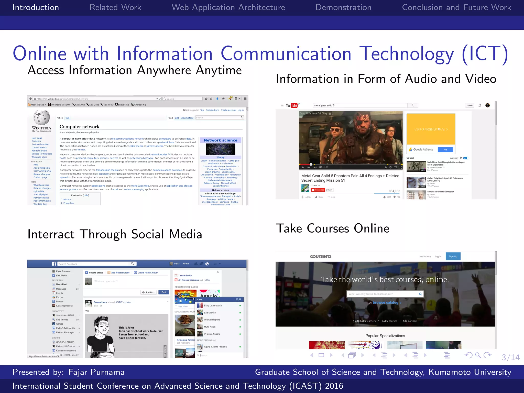 3/14
Introduction Related Work Web Application Architecture Demonstration Conclusion and Future Work
Online with Information Communication Technology (ICT)
Access Information Anywhere Anytime
Interract Through Social Media
Information in Form of Audio and Video
Take Courses Online
Presented by: Fajar Purnama Graduate School of Science and Technology, Kumamoto University
International Student Conference on Advanced Science and Technology (ICAST) 2016
 