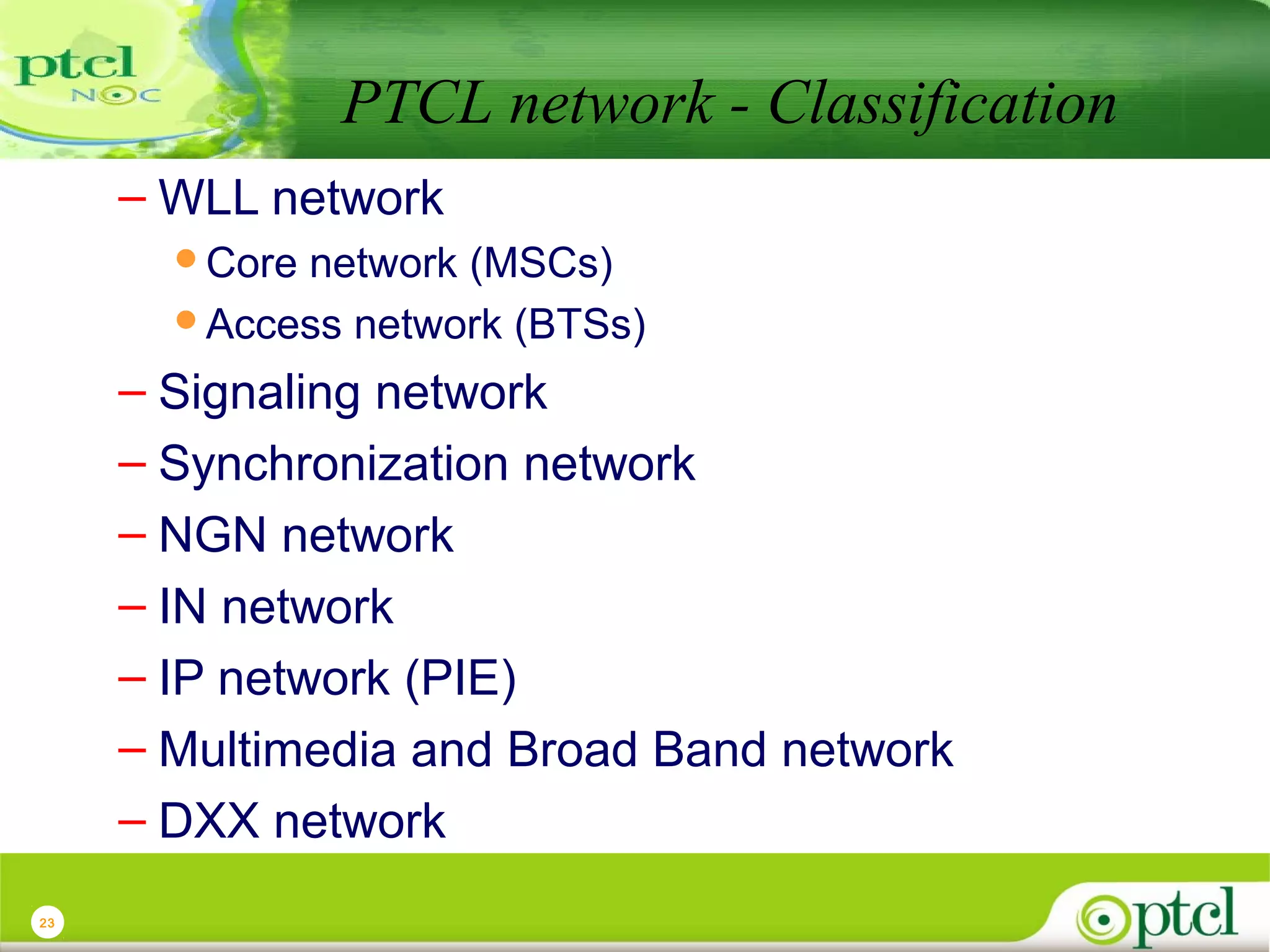 PTCL network - Classification
– WLL network
Core

network (MSCs)
Access network (BTSs)

– Signaling network
– Synchronization network
– NGN network
– IN network
– IP network (PIE)
– Multimedia and Broad Band network
– DXX network
23

 