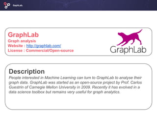 Description
People interested in Machine Learning can turn to GraphLab to analyse their
graph data. GraphLab was started as an open-source project by Prof. Carlos
Guestrin of Carnegie Mellon University in 2009. Recently it has evolved in a
data science toolbox but remains very useful for graph analytics.
GaphLab.
GraphLab
Graph analysis
Website : http://graphlab.com/
License : Commercial/Open-source
 