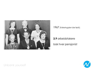 1967 (Folketrygden ble født):
3,9 arbeidstakere
bak hver pensjonist
 
