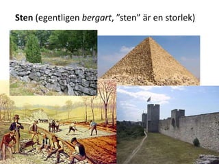 Sten (egentligen bergart, ”sten” är en storlek)
 