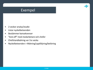 Exempel2 veckor analys/studieListar nyckelbeteendenBestämmer konsekvenser”kick-off” med medarbetare och cheferChefshandledning var 3:e veckaNyckelbeteenden > Mätning/uppföljning/belöning
