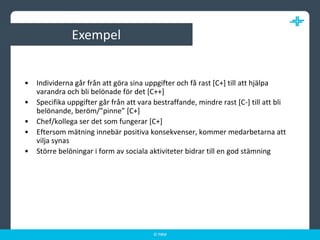 ExempelIndividerna går från att göra sina uppgifter och få rast [C+] till att hjälpa varandra och bli belönade för det [C++]Specifika uppgifter går från att vara bestraffande, mindre rast [C-] till att bli belönande, beröm/”pinne” [C+]Chef/kollega ser det som fungerar [C+]Eftersom mätning innebär positiva konsekvenser, kommer medarbetarna att vilja synasStörre belöningar i form av sociala aktiviteter bidrar till en god stämning