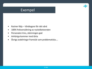 ExempelRutiner följs – Vårdtagare får rätt vård100% frekvensökning av nyckelbeteendenPersonalen trivs, stämningen godAnhöriga kommer med tårtaÖvriga avdelningar framstår som problematiska….