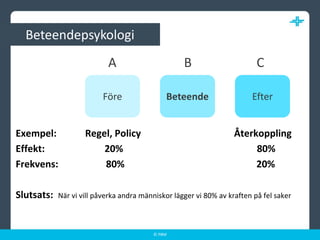 BeteendepsykologiABCFöreEfterBeteendeExempel:            Regel, Policy                                       ÅterkopplingEffekt:                         20%                                                        80%Frekvens:                    80%     				       20%Slutsats:  När vi vill påverka andra människor lägger vi 80% av kraften på fel saker