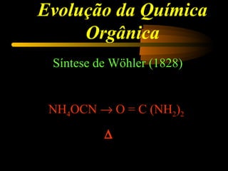 Evolução da Química
Orgânica
Síntese de Wöhler (1828)
NH4OCN → O = C (NH2)2
∆
 