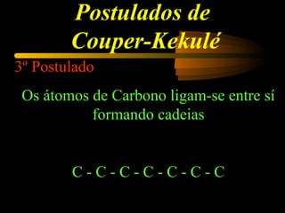 Postulados de
Couper-Kekulé
3º Postulado
Os átomos de Carbono ligam-se entre sí
formando cadeias
C - C - C - C - C - C - C
 