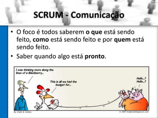 SCRUM - Comunicação
• O foco é todos saberem o que está sendo
  feito, como está sendo feito e por quem está
  sendo feito.
• Saber quando algo está pronto.
 