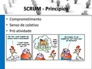 SCRUM - Princípios
•   Comprometimento
•   Senso de coletivo
•   Pró atividade
•   Comunicação
•   Antecipação de problemas
•   Priorização do maior valor agregado
•   Flexibilidade
 