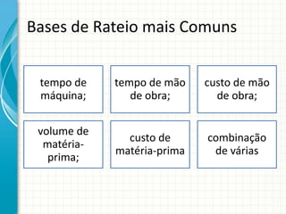 Bases de Rateio mais Comuns


 tempo de    tempo de mão    custo de mão
 máquina;       de obra;       de obra;

 volume de
               custo de      combinação
  matéria-
             matéria-prima    de várias
   prima;
 