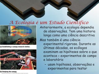 Ecologia
A ecologia e o movimento ambiental
Desde a década de 1970 aumentou as preocupações
sobre o meio ambiente, mas também mudou de ênfase.

Agora mais enfoque nas demandas de energia (mudanças
climáticas) em vez do crescimento populacional.
Resultado: a população ainda cresce
exponencialmente.
A qualidade ambiental ficou relacionada a qualidade
da vida.

O que vai fazer, ou enfocar, sua geração?

 