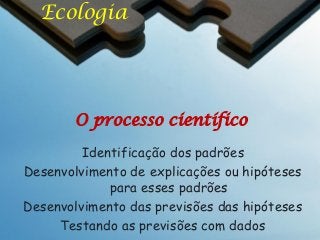 Ecologia

O processo científico
Identificação dos padrões
Desenvolvimento de explicações ou hipóteses
para esses padrões
Desenvolvimento das previsões das hipóteses
Testando as previsões com dados

 