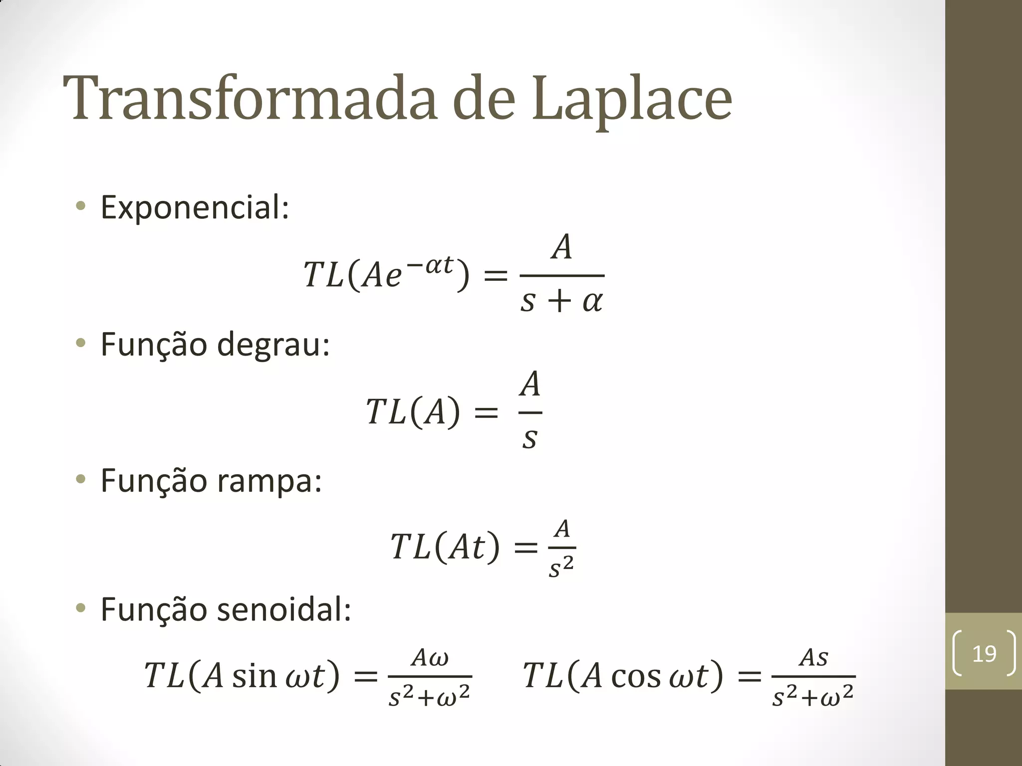 Transformada de Laplace
• Exponencial:
𝑇𝐿 𝐴𝑒−𝛼𝑡 =
𝐴
𝑠 + 𝛼
• Função degrau:
𝑇𝐿 𝐴 =
𝐴
𝑠
• Função rampa:
𝑇𝐿 𝐴𝑡 =
𝐴
𝑠2
• Função senoidal:
𝑇𝐿 𝐴 sin 𝜔𝑡 =
𝐴𝜔
𝑠2+𝜔2 𝑇𝐿 𝐴 cos 𝜔𝑡 =
𝐴𝑠
𝑠2+𝜔2
19
 