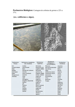 Parâmetros Biológicos: Contagem de colónias de germes a 22ºc e
37ºc.
(ex.: coliformes e algas).
 