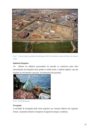 Foto 7: Vista do campo de produção da siderúrgica TKCSA considerada a maior do Brasil e da America
Latina.

Indústria Pesqueira
Os

efluente da indústria processadora de pescado se caracteriza pelas altas

concentrações de nitrogênio total, gordura e sólidos totais, e matéria orgânica que são
lançados no mar durante o processo de tratamentos dos pescados.

Foto 8: Atividade de pesca.

Navegação
A atividade de navegação pode trazer prejuízos aos sistemas hídricos das seguintes
formas: vazamentos durante o transporte, lavagem dos tanques e acidentes.

12

 