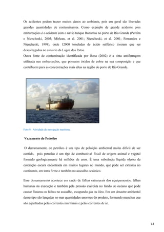 Os acidentes podem trazer muitos danos ao ambiente, pois em geral são liberadas
grandes quantidades de contaminantes. Como exemplo de grande acidente com
embarcações é o acidente com o navio tanque Bahamas no porto de Rio Grande (Pereira
e Niencheski, 2003; Mirlean, et al. 2001; Niencheski, et al. 2001; Fernandes e
Niencheski, 1998), onde 12000 toneladas de ácido sulfúrico tiveram que ser
descarregadas no estuário da Lagoa dos Patos.
Outra fonte de contaminação identificada por Rosa (2002) é a tinta antiferrugem
utilizada nas embarcações, que possuem óxidos de cobre na sua composição e que
contribuem para as concentrações mais altas na região do porto de Rio Grande.

Foto 9: Atividade de navegação marítima.

Vazamento de Petróleo
O derramamento de petróleo é um tipo de poluição ambiental muito difícil de ser
contido, pois petróleo é um tipo de combustível fóssil de origem animal e vegetal
formado geologicamente há milhões de anos. É uma substância líquida oleosa de
coloração escura encontrada em muitos lugares no mundo, que pode ser extraída no
continente, em terra firme e também no assoalho oceânico.
Esse derramamento acontece em razão de falhas estruturais dos equipamentos, falhas
humanas na execução e também pela pressão exercida no fundo do oceano que pode
causar fissuras ou falhas no assoalho, escapando gás ou óleo. Em um desastre ambiental
desse tipo são lançadas no mar quantidades enormes do produto, formando manchas que
são espalhadas pelas correntes marítimas e pelas correntes de ar.

13

 
