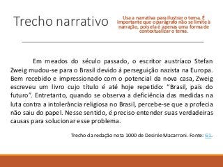 Trecho narrativo Usa a narrativa para ilustrar o tema. É
importante que o parágrafo não se limite à
narração, pois ela é apenas uma forma de
contextualizar o tema.
Em meados do século passado, o escritor austríaco Stefan
Zweig mudou-se para o Brasil devido à perseguição nazista na Europa.
Bem recebido e impressionado com o potencial da nova casa, Zweig
escreveu um livro cujo título é até hoje repetido: “Brasil, país do
futuro”. Entretanto, quando se observa a deficiência das medidas na
luta contra a intolerância religiosa no Brasil, percebe-se que a profecia
não saiu do papel. Nesse sentido, é preciso entender suas verdadeiras
causas para solucionar esse problema.
Trecho da redação nota 1000 de Desirée Macarroni. Fonte: G1.
 