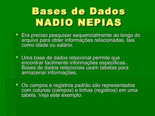 BasesBases de Dadosde Dados
NADIO NEPIASNADIO NEPIAS
 Era preciso pesquisar sequencialmente ao longo doEra preciso pesquisar sequencialmente ao longo do
arquivo para obter informações relacionadas, taisarquivo para obter informações relacionadas, tais
como idade ou salário.como idade ou salário.
 Uma base de dados relacional permite queUma base de dados relacional permite que
encontrar facilmente informações específicas..encontrar facilmente informações específicas..
Bases de dados relacionais usam tabelas paraBases de dados relacionais usam tabelas para
armazenar informações.armazenar informações.
 Os campos e registros padrão são representadosOs campos e registros padrão são representados
com colunas (campos) e linhas (registros) em umacom colunas (campos) e linhas (registros) em uma
tabela. Veja este exemplo:tabela. Veja este exemplo:
 