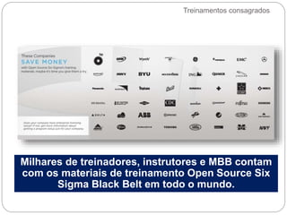 Milhares de treinadores, instrutores e MBB contam
com os materiais de treinamento Open Source Six
Sigma Black Belt em todo o mundo.
Treinamentos consagrados
 