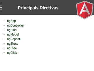 • ngApp
• ngController
• ngBind
• ngModel
• ngRepeat
• ngShow
• ngHide
• ngClick
Principais Diretivas
 