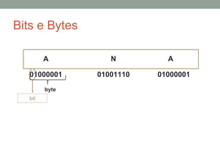 Bits e Bytes
A
01000001 01001110
N A
01000001
bit
byte
 