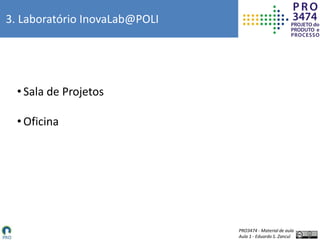 PRO3474 - Material de aula
Aula 1 - Eduardo S. Zancul
3. Laboratório InovaLab@POLI
• Sala de Projetos
• Oficina
 