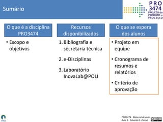 PRO3474 - Material de aula
Aula 1 - Eduardo S. Zancul
Sumário
• Escopo e
objetivos
O que é a disciplina
PRO3474
Recursos
disponibilizados
O que se espera
dos alunos
• Projeto em
equipe
• Cronograma de
resumos e
relatórios
• Critério de
aprovação
1.Bibliografia e
secretaria técnica
2.e-Disciplinas
3.Laboratório
InovaLab@POLI
 