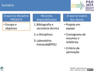 PRO3474 - Material de aula
Aula 1 - Eduardo S. Zancul
Sumário
• Escopo e
objetivos
O que é a disciplina
PRO3474
Recursos
disponibilizados
O que se espera
dos alunos
• Projeto em
equipe
• Cronograma de
resumos e
relatórios
• Critério de
aprovação
1.Bibliografia e
secretaria técnica
2.e-Disciplinas
3.Laboratório
InovaLab@POLI
 