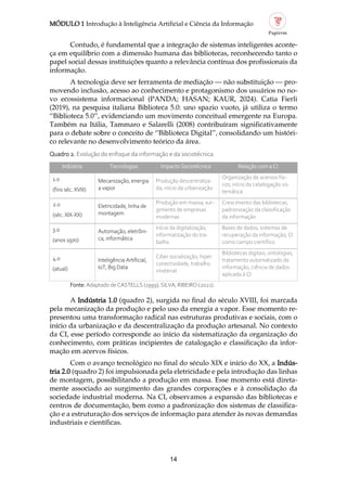 MÓDULO 1 Introdução à Inteligência Artificial e Ciência da Informação
14
Contudo, é fundamental que a integração de sistemas inteligentes aconte
ça em equilíbrio com a dimensão humana das bibliotecas, reconhecendo tanto o
papel social dessas instituições quanto a relevância contínua dos profissionais da
informação.
A tecnologia deve ser ferramenta de mediação — não substituição — pro
movendo inclusão, acesso ao conhecimento e protagonismo dos usuários no no
vo ecossistema informacional (PANDA; HASAN; KAUR, 2024). Catia Fierli
(2019), na pesquisa italiana Biblioteca 5.0: uno spazio vuoto, já utiliza o termo
“Biblioteca 5.0”, evidenciando um movimento conceitual emergente na Europa.
Também na Itália, Tammaro e Salarelli (2008) contribuíram significativamente
para o debate sobre o conceito de “Biblioteca Digital”, consolidando um históri
co relevante no desenvolvimento teórico da área.
Quadro 2. Evolução do enfoque da informação e da sociotécnica.
Indústria Tecnologias Impacto Sociotécnico Relação com a CI
1.0
(fins séc. XVIII)
Mecanização, energia
a vapor
Produção descentraliza
da, início da urbanização
Organização de acervos físi
cos; início da catalogação sis
temática
2.0
(séc. XIX XX)
Eletricidade, linha de
montagem
Produção em massa; sur
gimento de empresas
modernas
Crescimento das bibliotecas,
padronização da classificação
da informação
3.0
(anos 1970)
Automação, eletrôni
ca, informática
Início da digitalização,
informatização do tra
balho
Bases de dados, sistemas de
recuperação da informação, CI
como campo científico
4.0
(atual)
Inteligência Artificial,
IoT, Big Data
Ciber socialização, hiper
conectividade, trabalho
imaterial
Bibliotecas digitais, ontologias,
tratamento automatizado da
informação, ciência de dados
aplicada à CI
Fonte: Adaptado de CASTELLS (1999); SILVA; RIBEIRO (2021).
A Indústria 1.0 (quadro 2), surgida no final do século XVIII, foi marcada
pela mecanização da produção e pelo uso da energia a vapor. Esse momento re
presentou uma transformação radical nas estruturas produtivas e sociais, com o
início da urbanização e da descentralização da produção artesanal. No contexto
da CI, esse período corresponde ao início da sistematização da organização do
conhecimento, com práticas incipientes de catalogação e classificação da infor
mação em acervos físicos.
Com o avanço tecnológico no final do século XIX e início do XX, a Indús
tria 2.0 (quadro 2) foi impulsionada pela eletricidade e pela introdução das linhas
de montagem, possibilitando a produção em massa. Esse momento está direta
mente associado ao surgimento das grandes corporações e à consolidação da
sociedade industrial moderna. Na CI, observamos a expansão das bibliotecas e
centros de documentação, bem como a padronização dos sistemas de classifica
ção e a estruturação dos serviços de informação para atender às novas demandas
industriais e científicas.
 