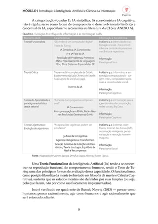 MÓDULO 1 Introdução à Inteligência Artificial e Ciência da Informação
9
A categorização (quadro 1), IA simbólica, IA conexionista e IA cognitiva,
não é rígida; serve como forma de compreender o desenvolvimento histórico e
conceitual da IA, especialmente recorrentes na literatura da CI (ver ANEXO A).
Quadro 1. Evolução do enfoque da informação e as tecnologias da IA.
Momento da IA Características Informação e Sociotécnica
Teoria Funcionalista “O cérebro é um computador digital”
Teste de Turing
IA Simbólica; IA Conexionista
1ª e 2ª Fase da IA
Resolução de Problemas, Primeiras
RNAs, Processamento de Linguagem
PLN, Eliza, Sistemas Especialistas SE
Indústria 2.0 (eletricidade e au
tomação inicial) – foco em efi
ciência e controle de processos
mecânicos e repetitivos.
Informação:
Paradigma Físico
Teoria Crítica Teorema da Incompletude de Gödel;
Experimento da Sala Chinesa de Searle;
Suposições de Dreyfus (1999).
Inverno da IA
Indústria 3.0 (informática e au
tomação computacional) – sur
gem redes, computadores pes
soais e conectividade inicial.
Informação:
Paradigma Cognitivo
Teoria do Aprendizado e
paradigma estatístico
versus vetorial
“A mente é um programa computaci
onal”
IA Conexionista
Retropropagação em RNAs, Redes Neu
rais Profundas Generativas GANs
Indústria 3.0 em transição para a
4.0 – domínio da computação,
redes sociais, Big Data.
Informação:
Paradigma Cognitivo
Teoria Cognitivista e
Evolução de algoritmos
“As operações cognitivas podem ser
simuladas”
3a Fase da IA Cognitiva
Agentes inteligentes e Transformers
Seleção Evolutiva de Coleções de Heu
rísticas, Teoria dos Jogos, Equilíbrio de
Nash e Recompensas
Indústria 4.0 Sistemas ciber
físicos, Internet das Coisas (IoT),
automação inteligente, perso
nalização e interação homem
máquina.
Informação:
Paradigma Social
Fonte: Adaptado de Martins (2010); Dreyfus (1999); Norvig; Russel (2013).
Uma Teoria Funcionalista da Inteligência Artificial (IA) tende a se concen
trar na reprodução funcional do comportamento humano, sendo o Teste de Tu
ring uma das principais formas de avaliação dessa capacidade. O funcionalismo,
como posição filosófica da mente (sobretudo em filosofia da mente e Ciência Cog
nitiva), sustenta que os estados mentais são definidos por suas funções (ou seja,
pelo que fazem, não por como são fisicamente implementados).
Isso é verificado no quadrante de Russel; Norvig (2013) — pensar como
humanos; pensar racionalmente; agir como humanos e agir racionalmente que
será retomado adiante.
 